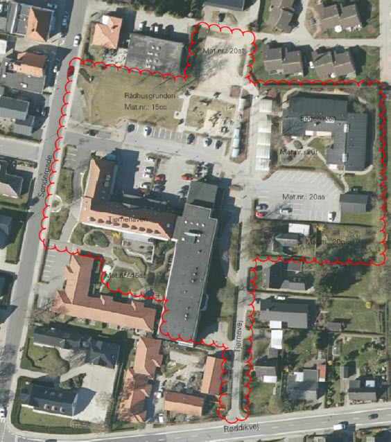 Luftfoto med illustration af projektområdet i Galten markeret med rød streg.